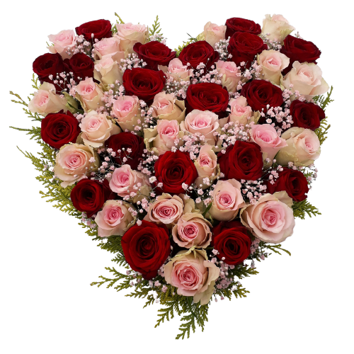 Handgemachtes feierliches Rosengesteck in Herzform aus der Augenschmauserei.