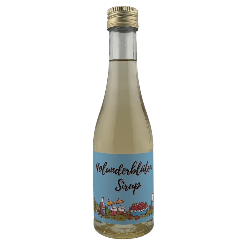 Holunderblüten Sirup in einer 500ml Glasflasche aus der Augenschmauserei.