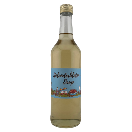 Holunderblüten Sirup in einer 500ml Glasflasche aus der Augenschmauserei.