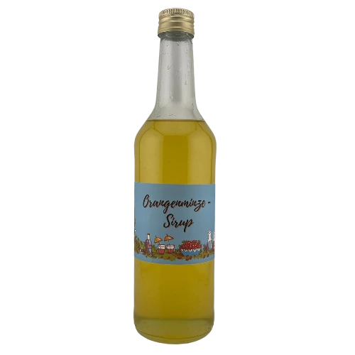 Orangenminze Sirup in einer 500ml Glasflasche aus der Augenschmauserei.