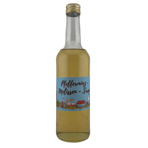 Pfefferminz-Melissen Sirup in einer 500ml Glasflasche aus der Augenschmauserei.